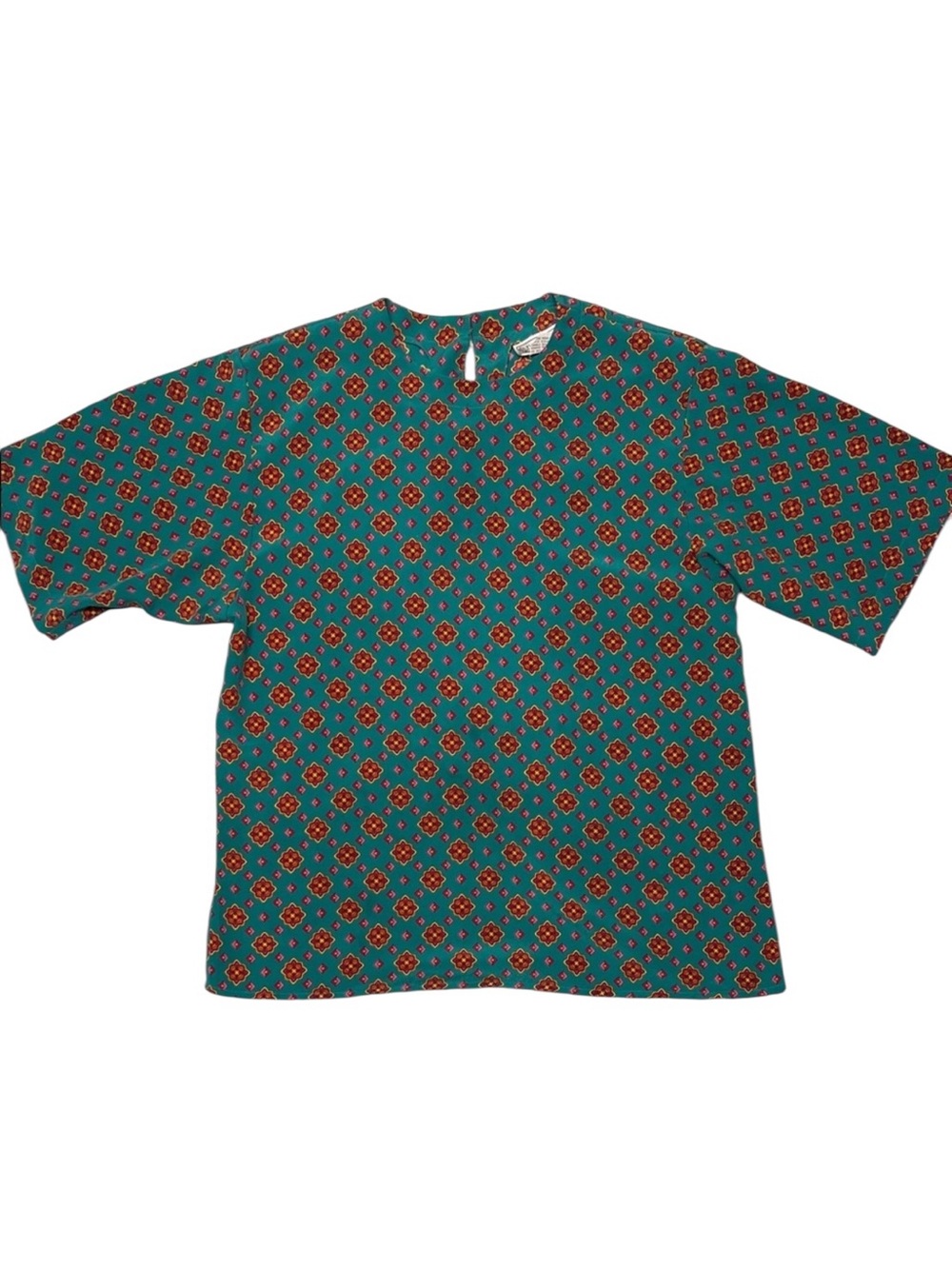 Evan Picone Teal Geometric Short Sleeve Blouse